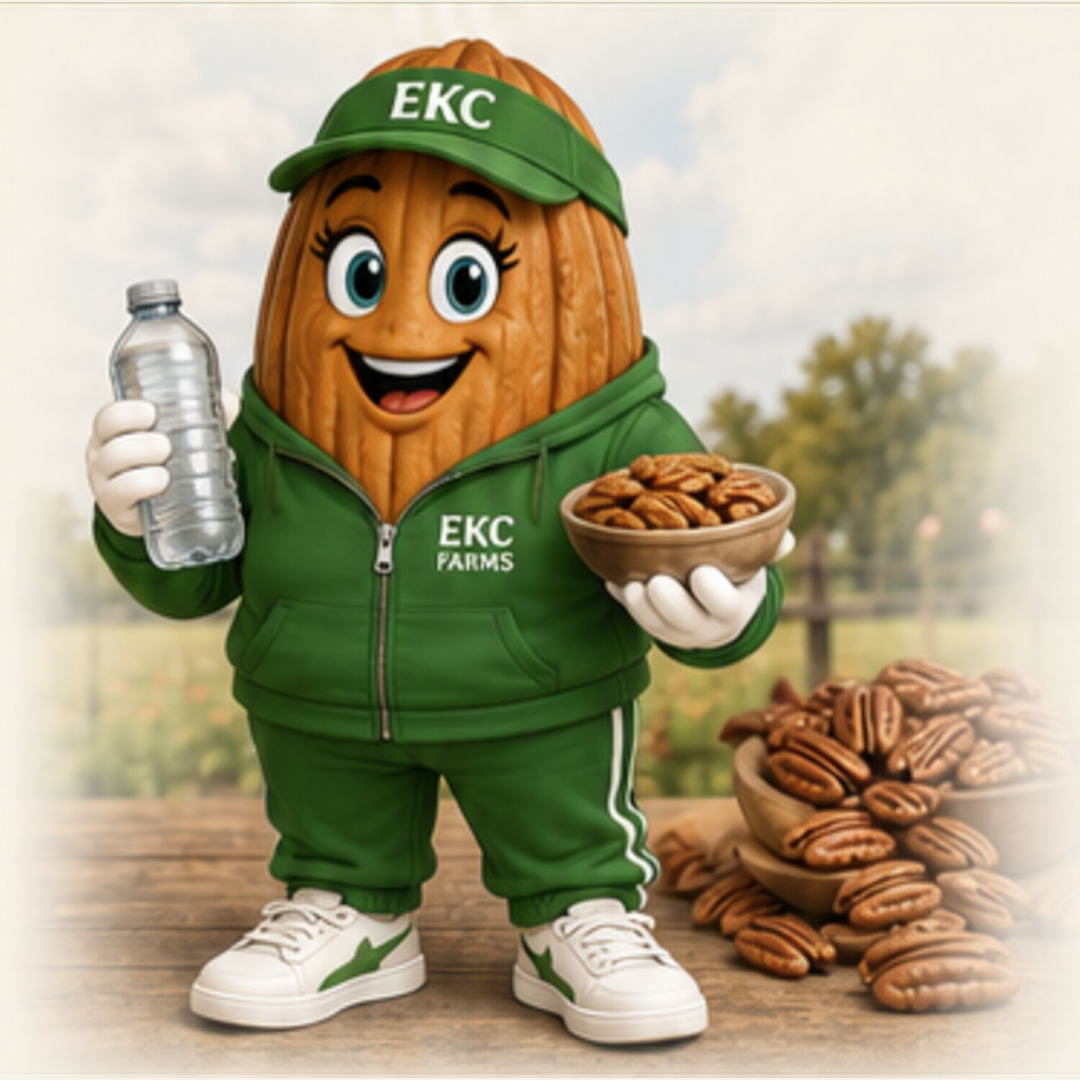 Penny Pecan holding water and a bowl of pecans